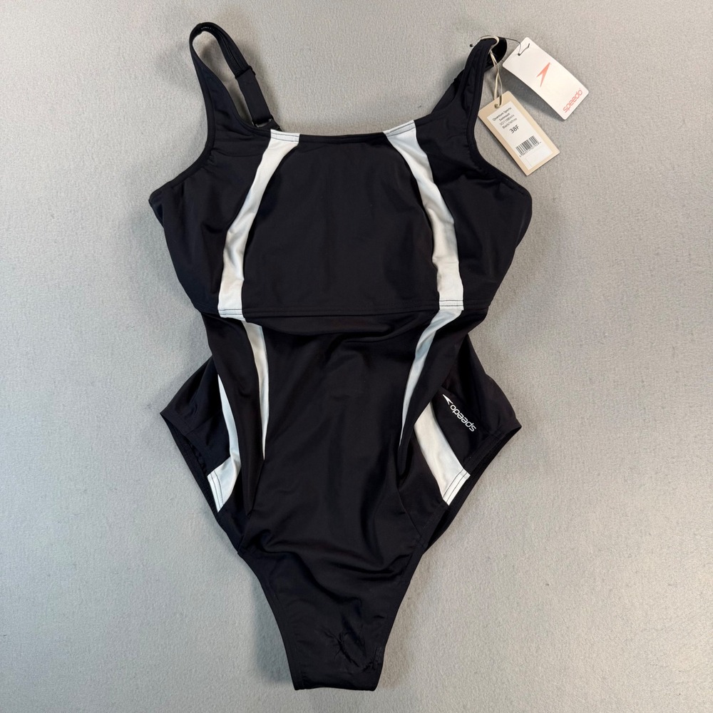 Speedo Quantum Sports Swimsuit Black White One Piece 38F New